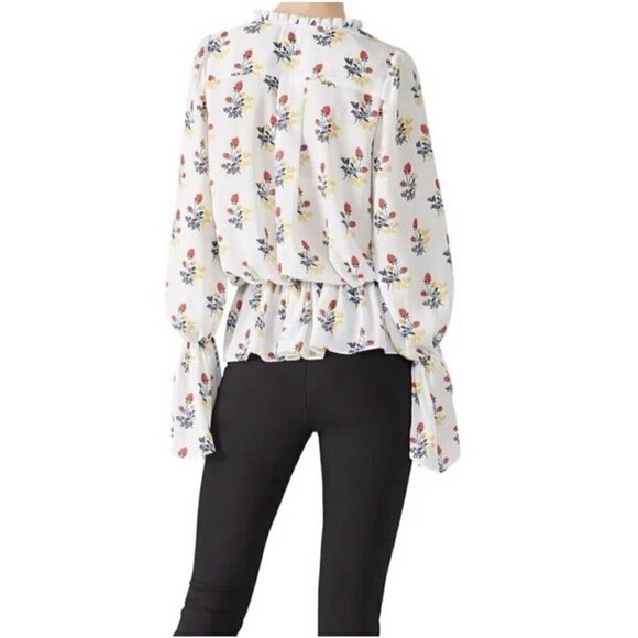 Derek Lam Floral Ruffle Silky Blouse top 1X White Red long sleeves - Picture 4 of 10